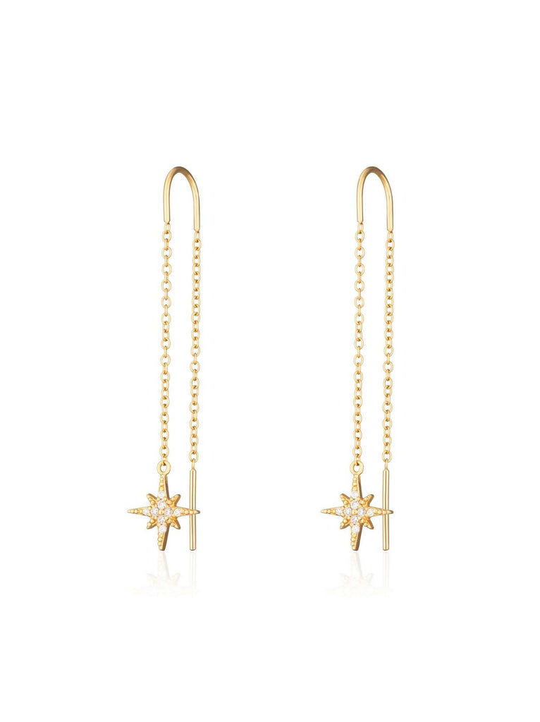 Scream Pretty brand starburst threader earrings in gold on a white background