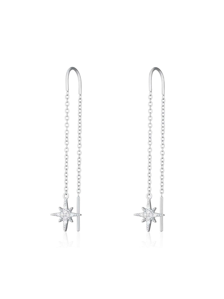 Scream Pretty brand starburst threader earrings in silver on a white background