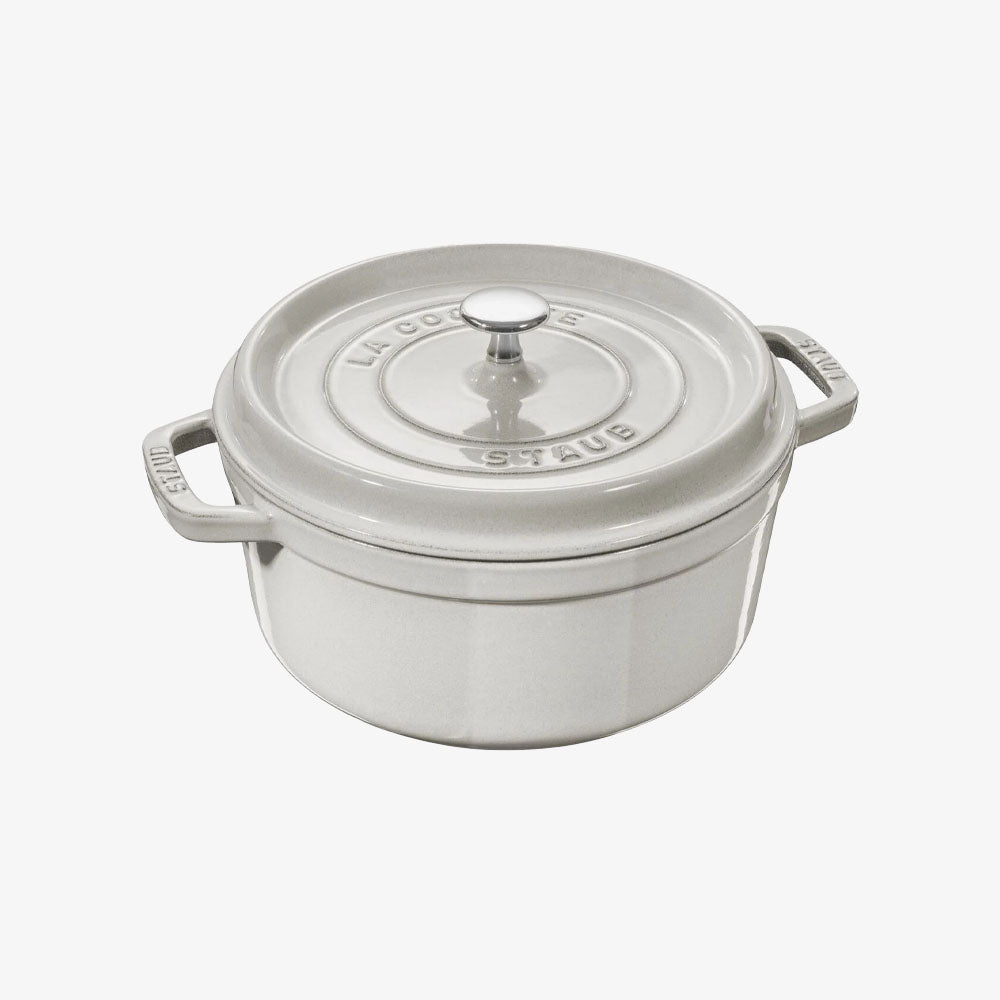 Staub 7 QT Cocotte in White Truffle on a white background at Addison West 