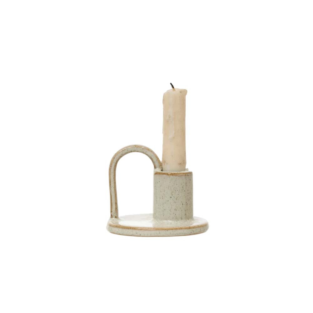 Ivory glazed Stoneware Candle Holder with finger loop on a white background