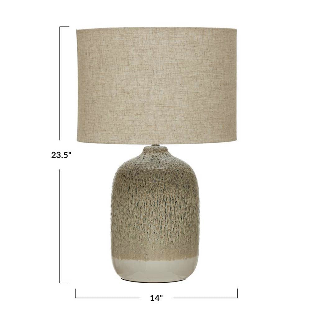 Bloomingville stoneware lamp with  linen shade on a white background with dimensions