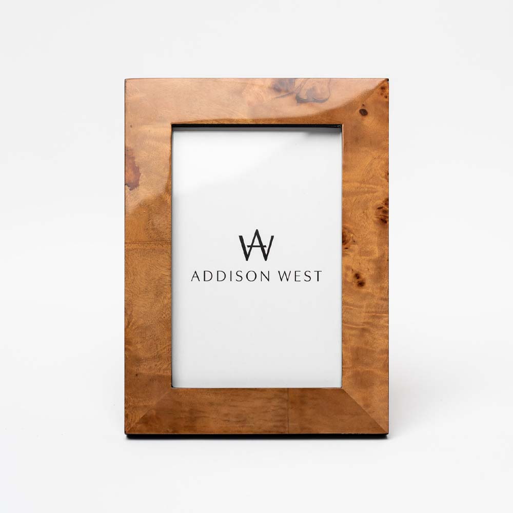Two's company brand burl wood picture frame on a white background