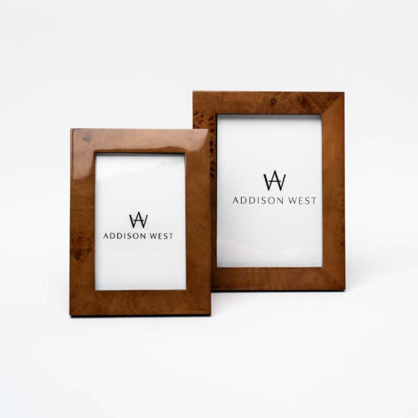 Two's company brand burl wood picture frames on a white background