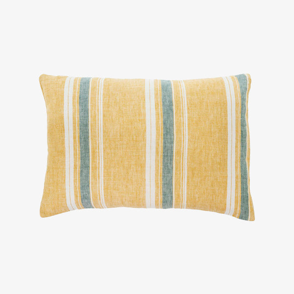 Yellow and blue stripe throw pillow on a white background