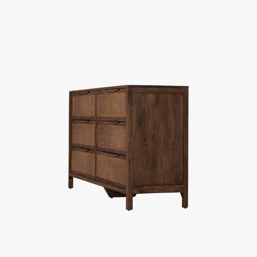 Six drawer 'Sydney' dresser with brown cane stained drawers stained mango wood exterior by Four Hands Furniture on a white background
