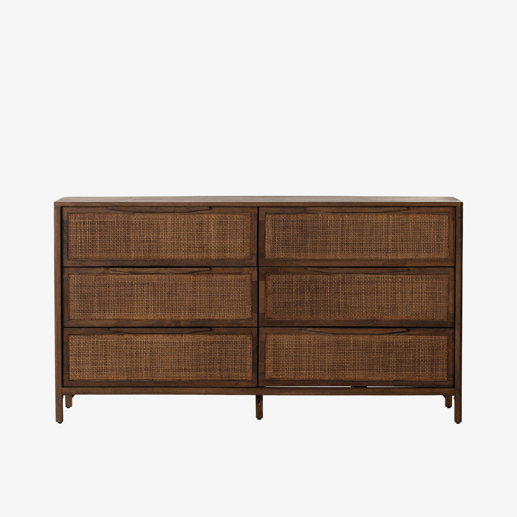 Six drawer 'Sydney' dresser with brown cane stained drawers stained mango wood exterior by Four Hands Furniture on a white background