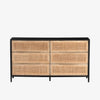 Six drawer dresser with cane drawer fronts and mango wood pulls with black stained mango wood exterior
