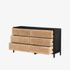Six drawer dresser with cane drawer fronts and mango wood pulls with black stained mango wood exterior on a white background