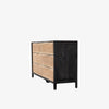 Six drawer dresser with cane drawer fronts and mango wood pulls with black stained mango wood exterior on a white background