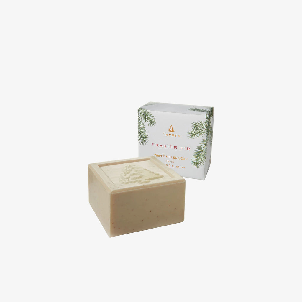 Frasier fir square hand soap by Thymes on a white background