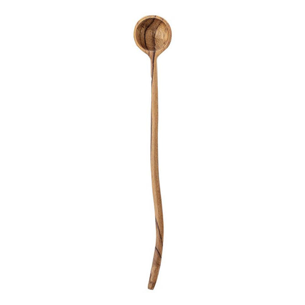 Hand carved long teak wood spoon on a white background front view