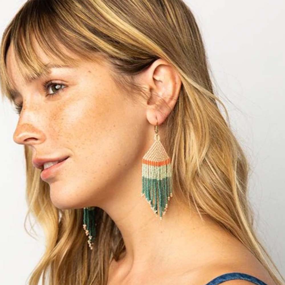 INK + ALLOY Teal Pink Mint + Coral Stripe Fringe Earrings on a ears