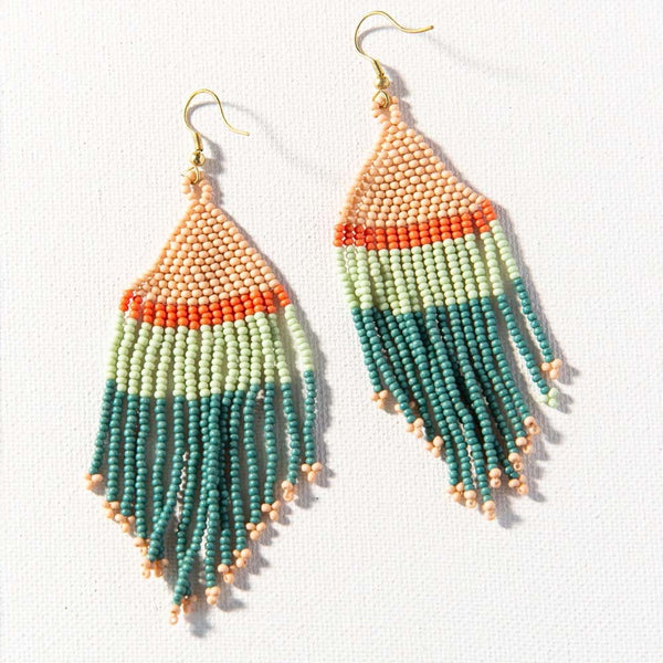 INK + ALLOY Teal Pink Mint + Coral Stripe Fringe Earrings on a white background