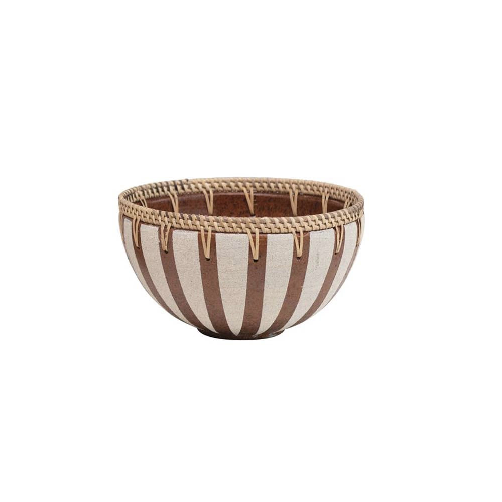 Handmade Decorative Terra-cotta Bowls with Woven Rattan Rims on a white background