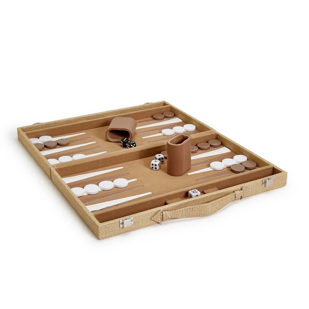 Backgammon set open with beige and white on a white background