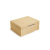 Raffia wrapped nesting box with silver handle on a white background