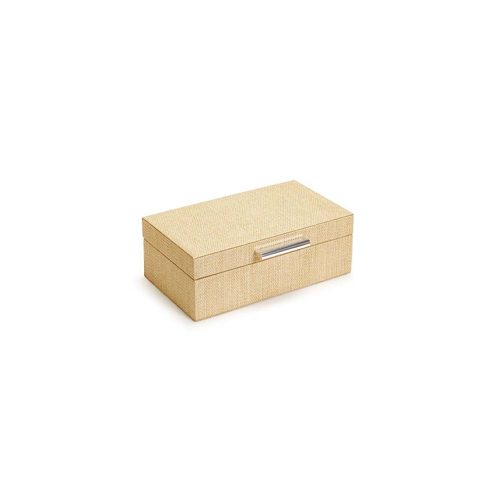 Raffia wrapped nesting box with silver handle on a white background