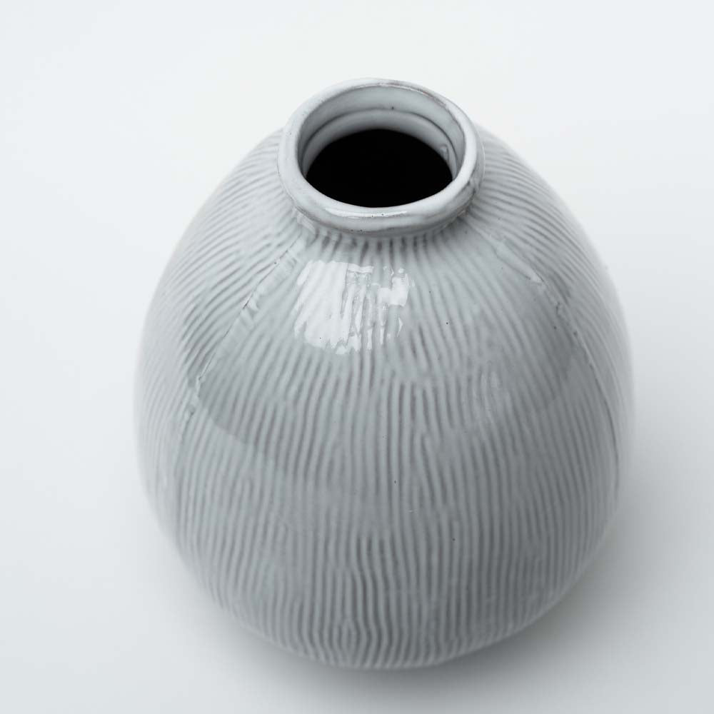 White Large Terracotta Vase with Engraved Lines on a white background