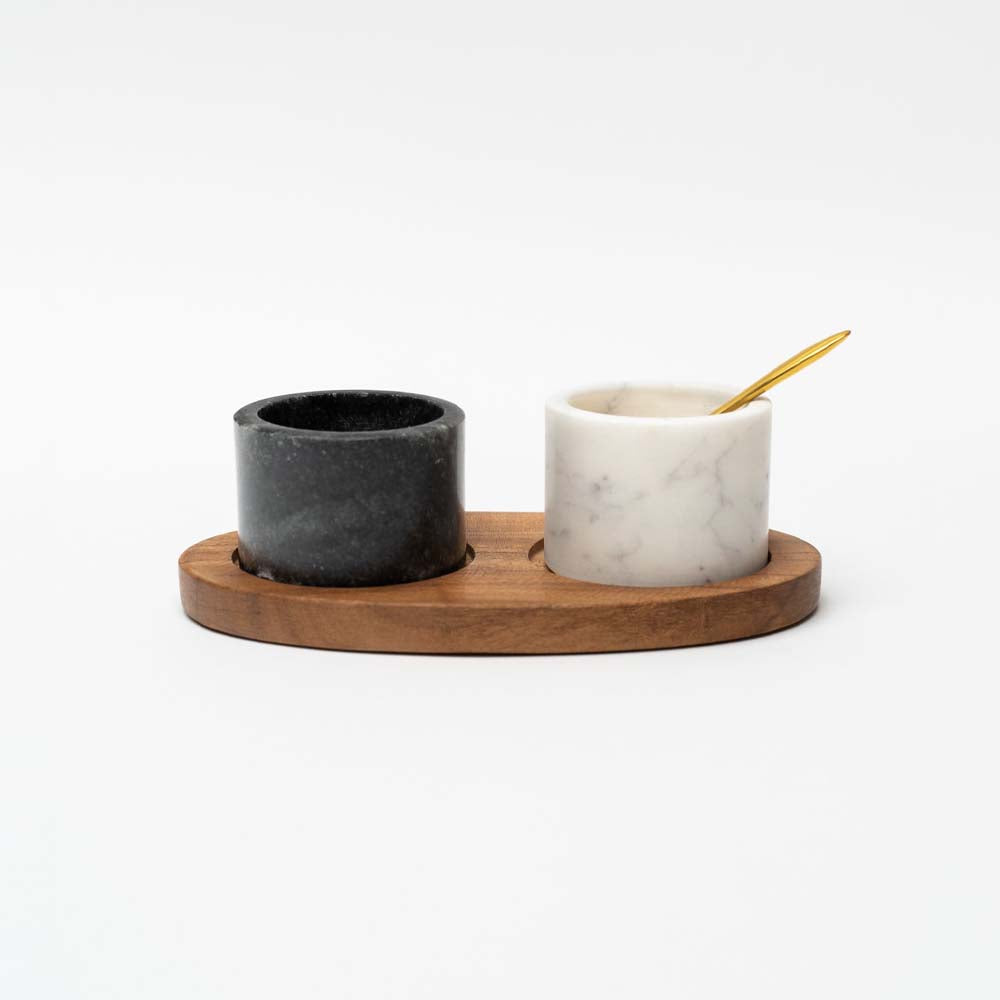 Marble Bowls on Mango Wood Tray with Brass Salt Spoon on a white background