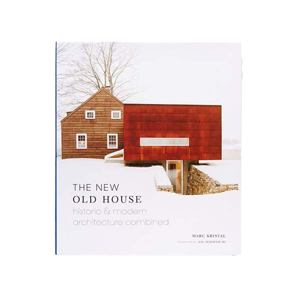 Front cover of book: The New Old House historic and modern architecture combined showing a brown sided house and modern red barn