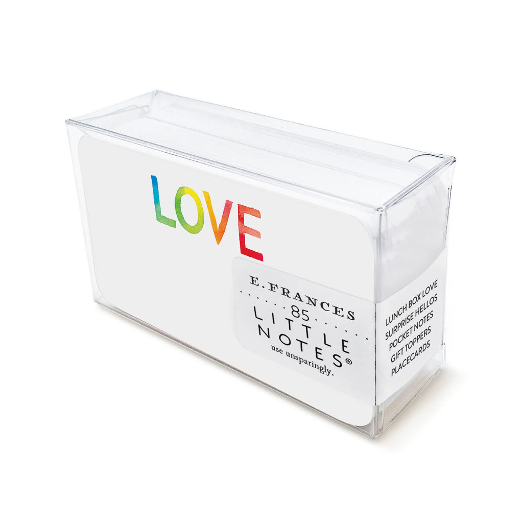 E francés brand little note cards with tie die love in clear box on a white background