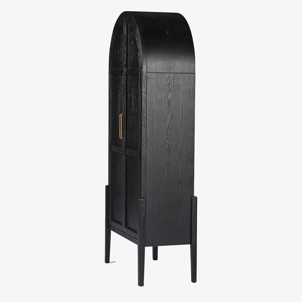 Four hands furniture brand Tolle panel door black cabinet with arched top and wood stained interior on a white background 