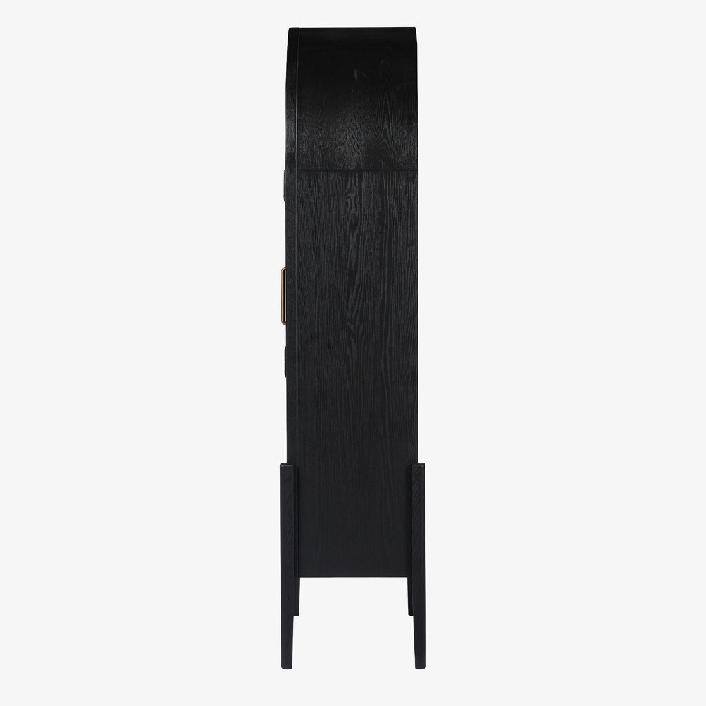 Four hands furniture brand Tolle panel door black cabinet with arched top and wood stained interior on a white background 