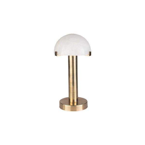 Surya Ursula brass table lamp with domed stone shade on a white background