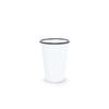 White enamel Tumblr with black trim on white background.