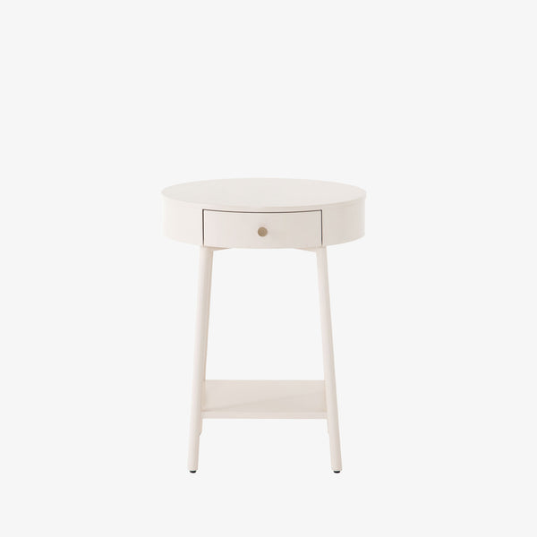 White round 'van' night stand with shelf and drawer  by four hands furniture on a white background