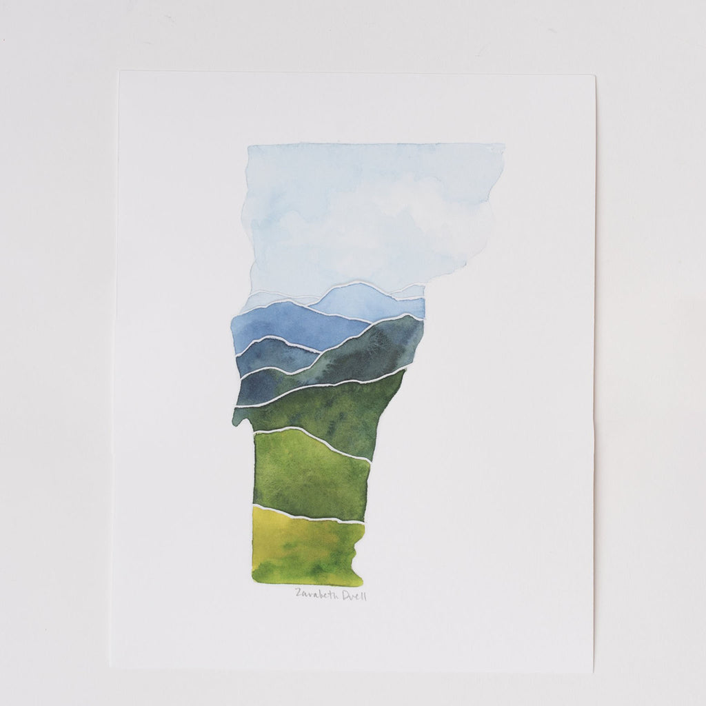 Watercolor artwork of Vermont mountains in shape of Vermont state by Zarabeth Duell