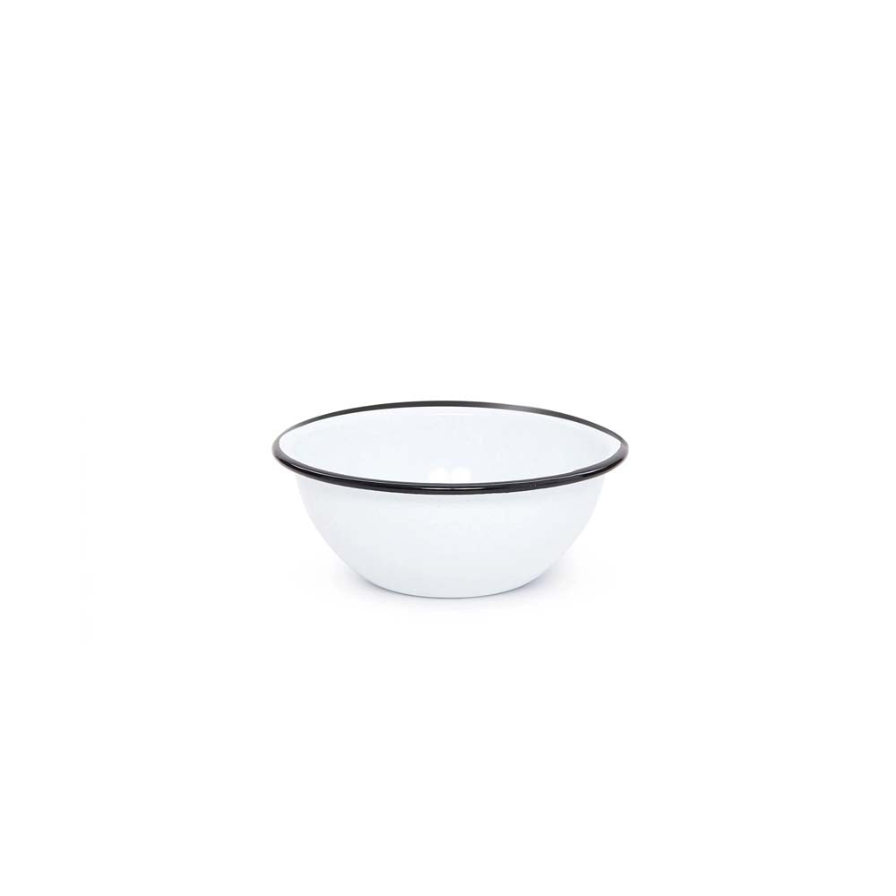 White enamel cereal bowl with black rim on white background.
