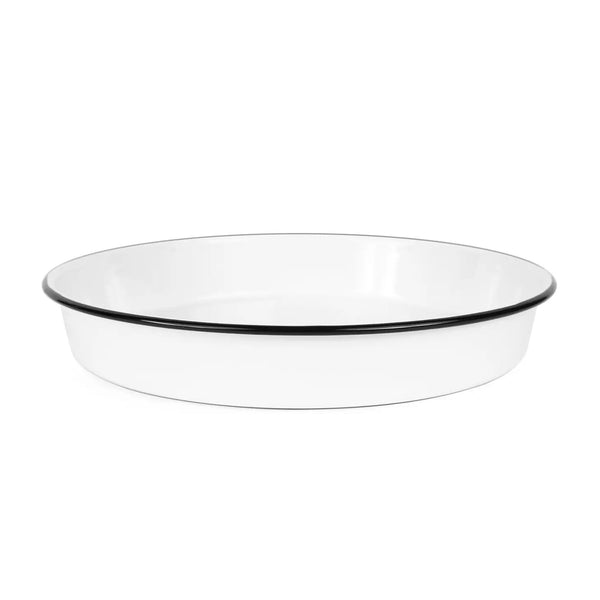 White round enamel tray with black rim on a white background