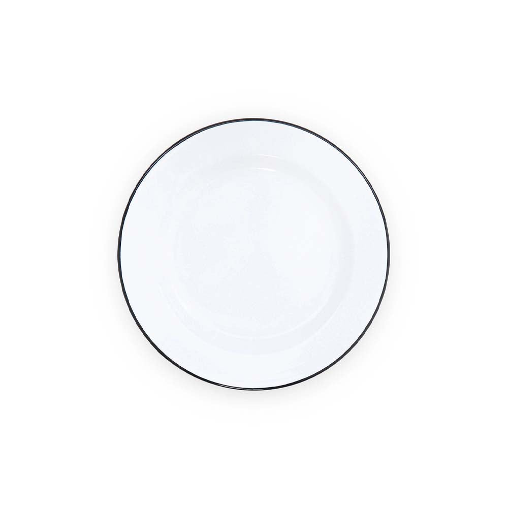 White enamel dinner plate with black rim on white background.