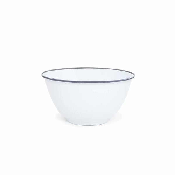 White enamel large salad bowl with black rim on white background.