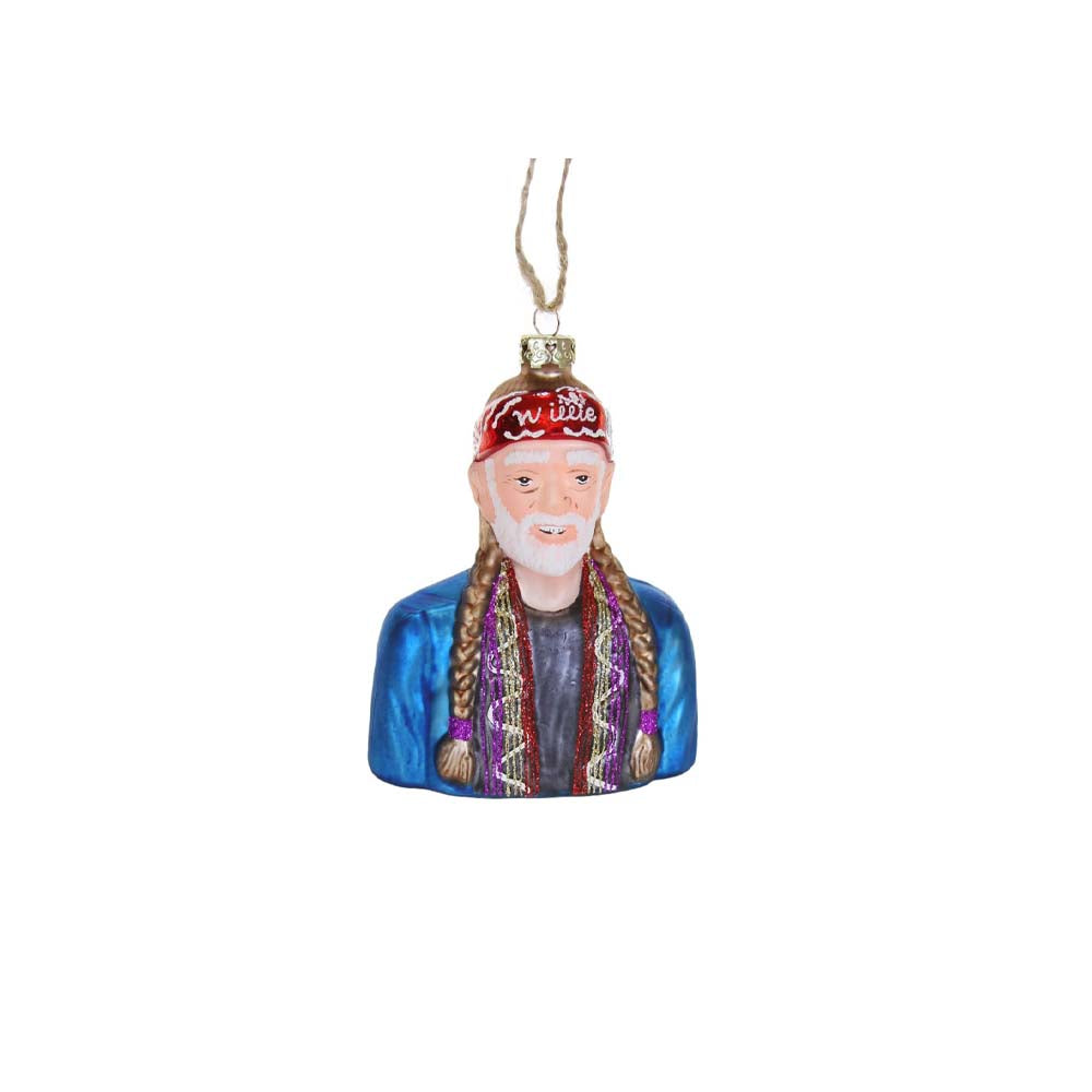 Willie Nelson painted glass holiday ornament by Cody Foster brand on a white background 