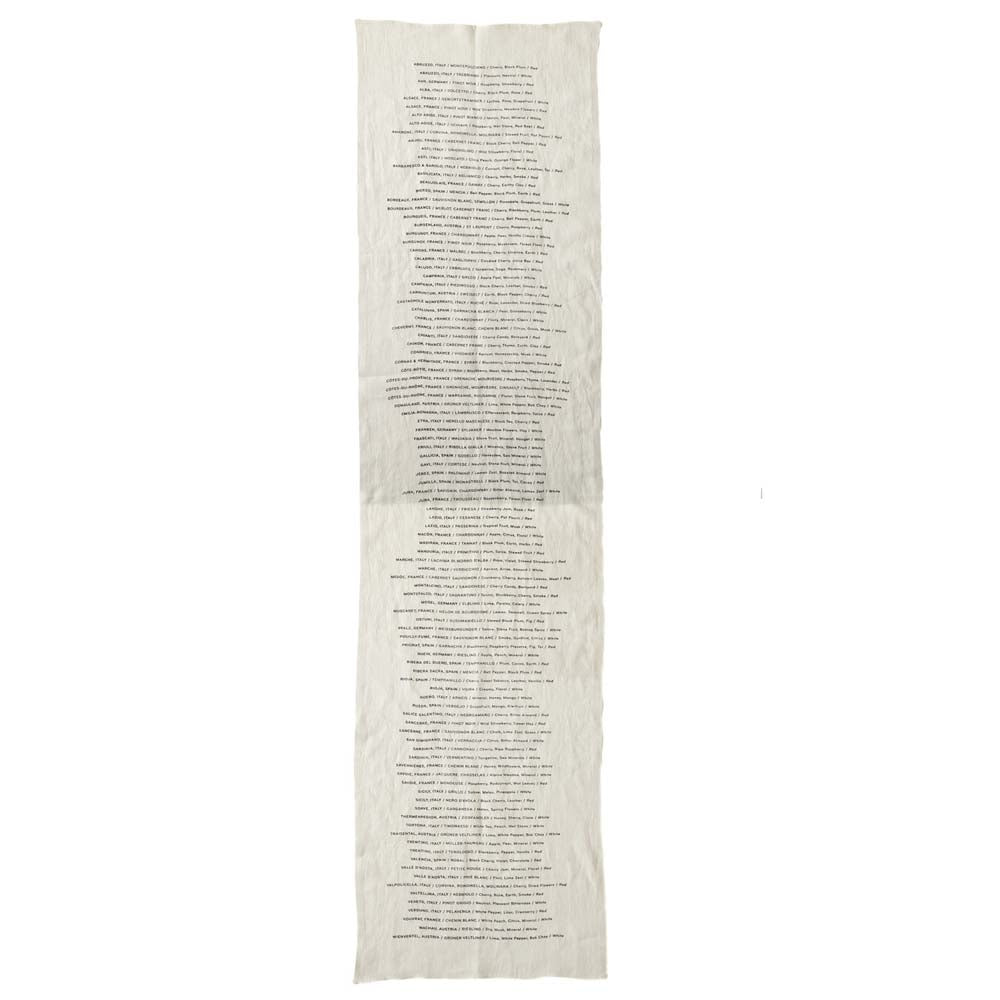 Pure linen hand-screened wine list table runner on a white background