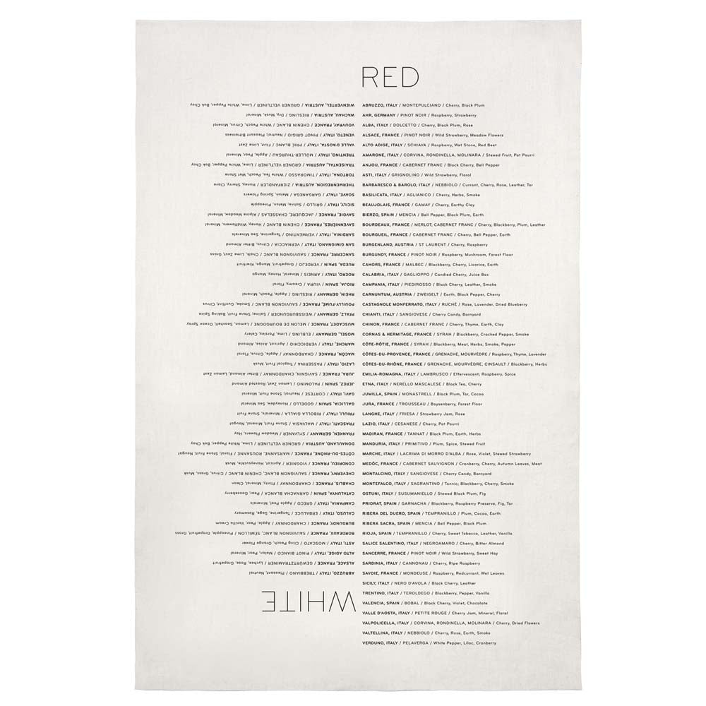 Sir Madam brand hand-screened wine list tea towel on a white background