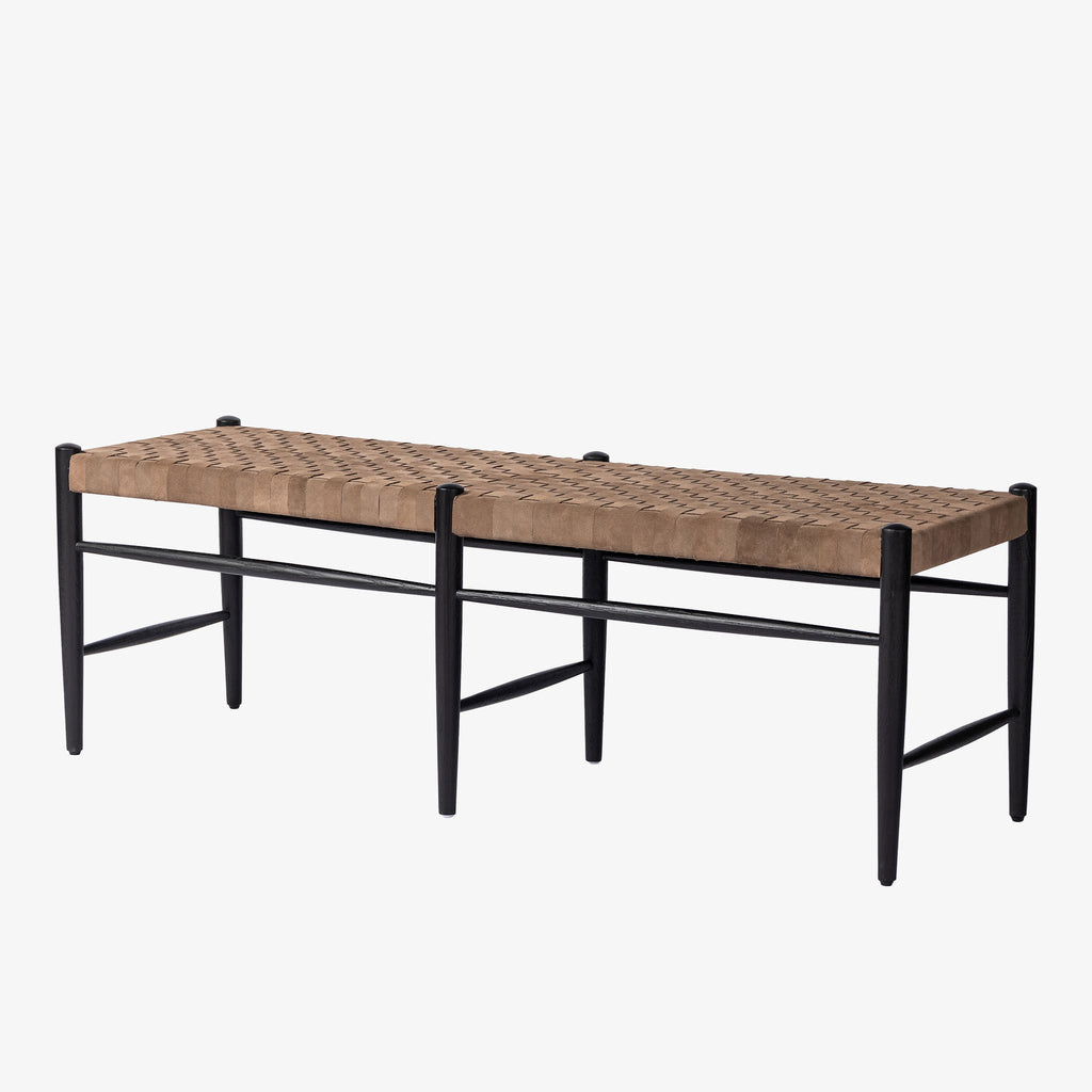 'Wyatt' Bench with leather strapped seat and black legs by four hands furniture on a white background
