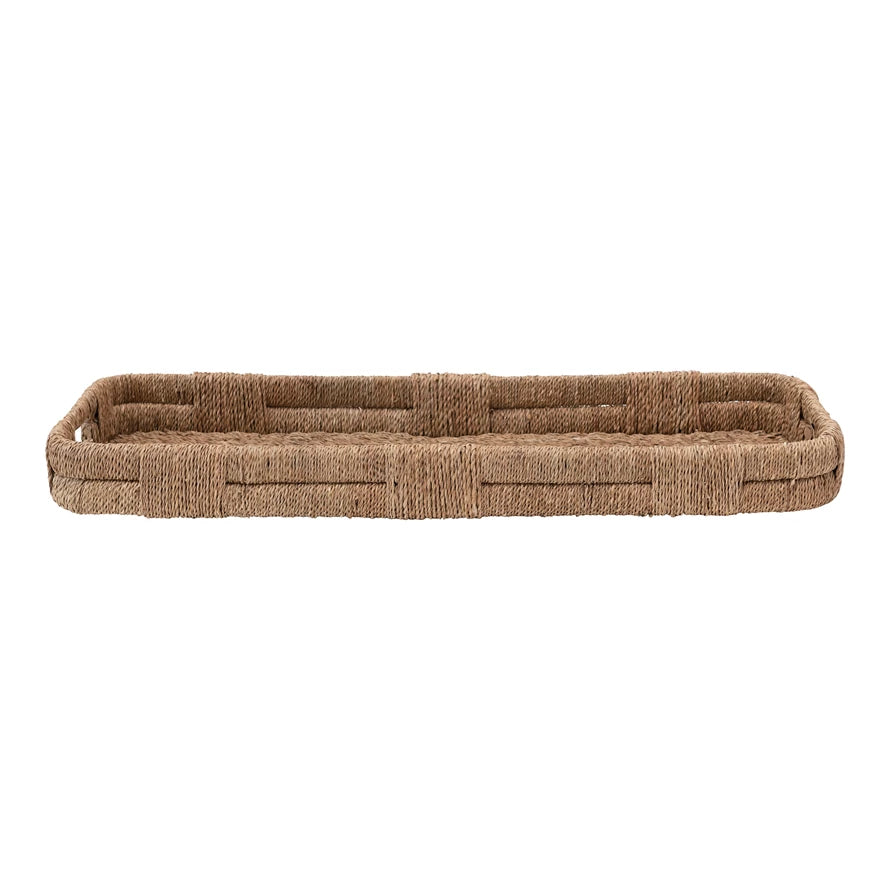 Long tray made of Bankuan and rattan with a handle on either end on a white background