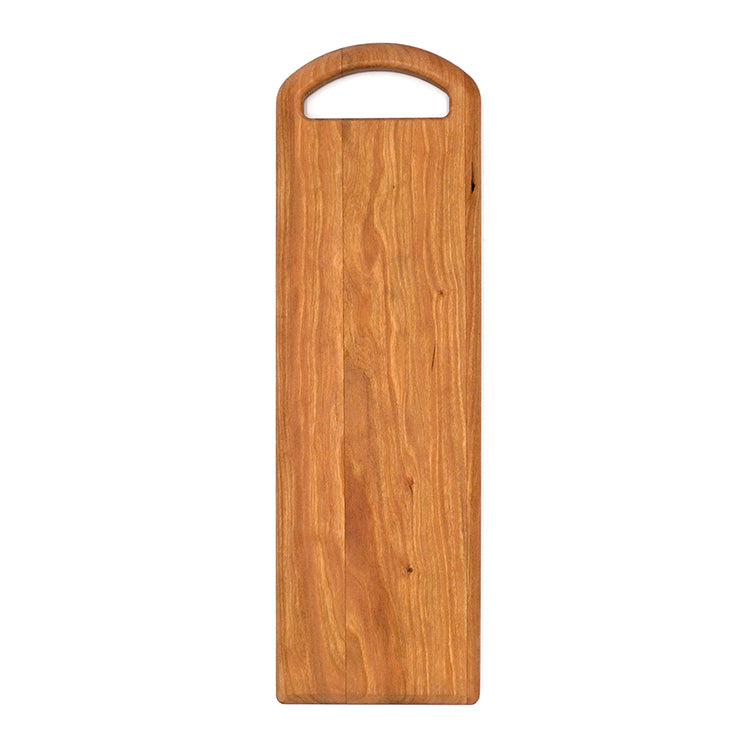 JK Adams long cherry serving board with rounded handle on a white background