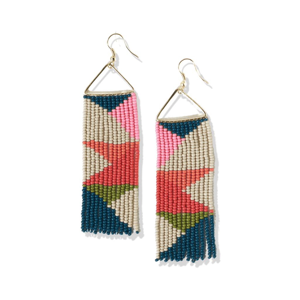 Ink and Alloy brand 'Brooke' triangle pattern earrings with orange blue and green  on a white background